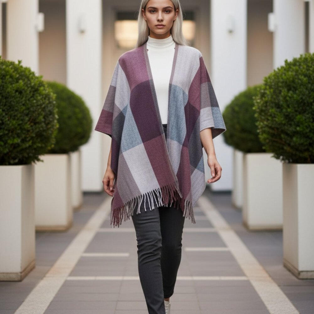 Woolrich Fringed Rose, Mauve and Gray‎ Squares Cape in OS